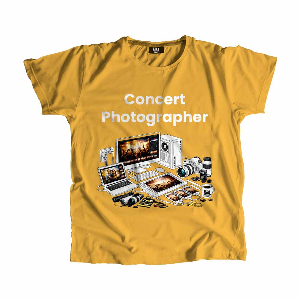Concert Photographer Men Unisex T-Shirt (Golden Yellow) Technology Unisex T-Shirt | City Posters Plus