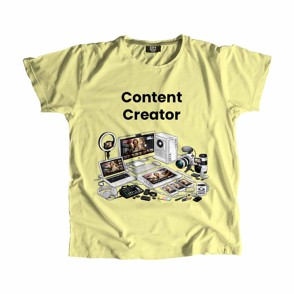 Content Creator Men Unisex T-Shirt (Butter Yellow) Technology Unisex T-Shirt | City Posters Plus