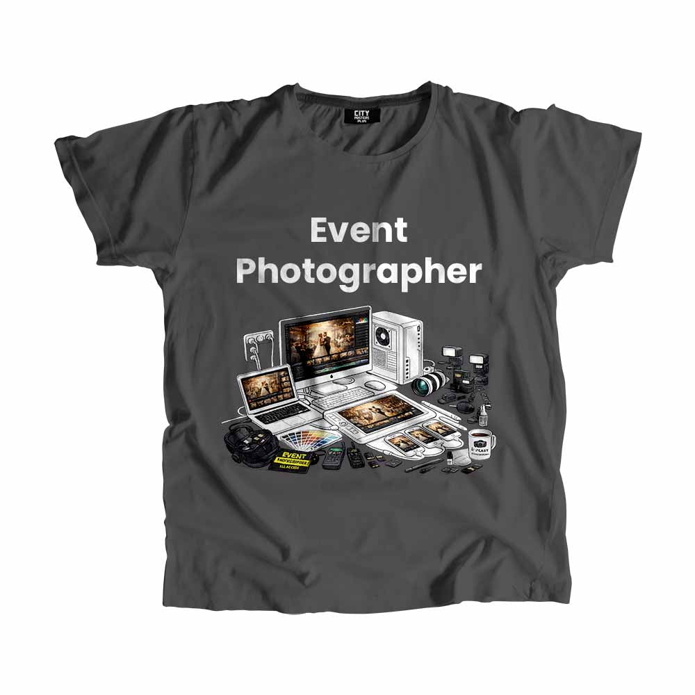 Event Photographer Men Unisex T-Shirt (Charcoal Grey) Technology Unisex T-Shirt | City Posters Plus