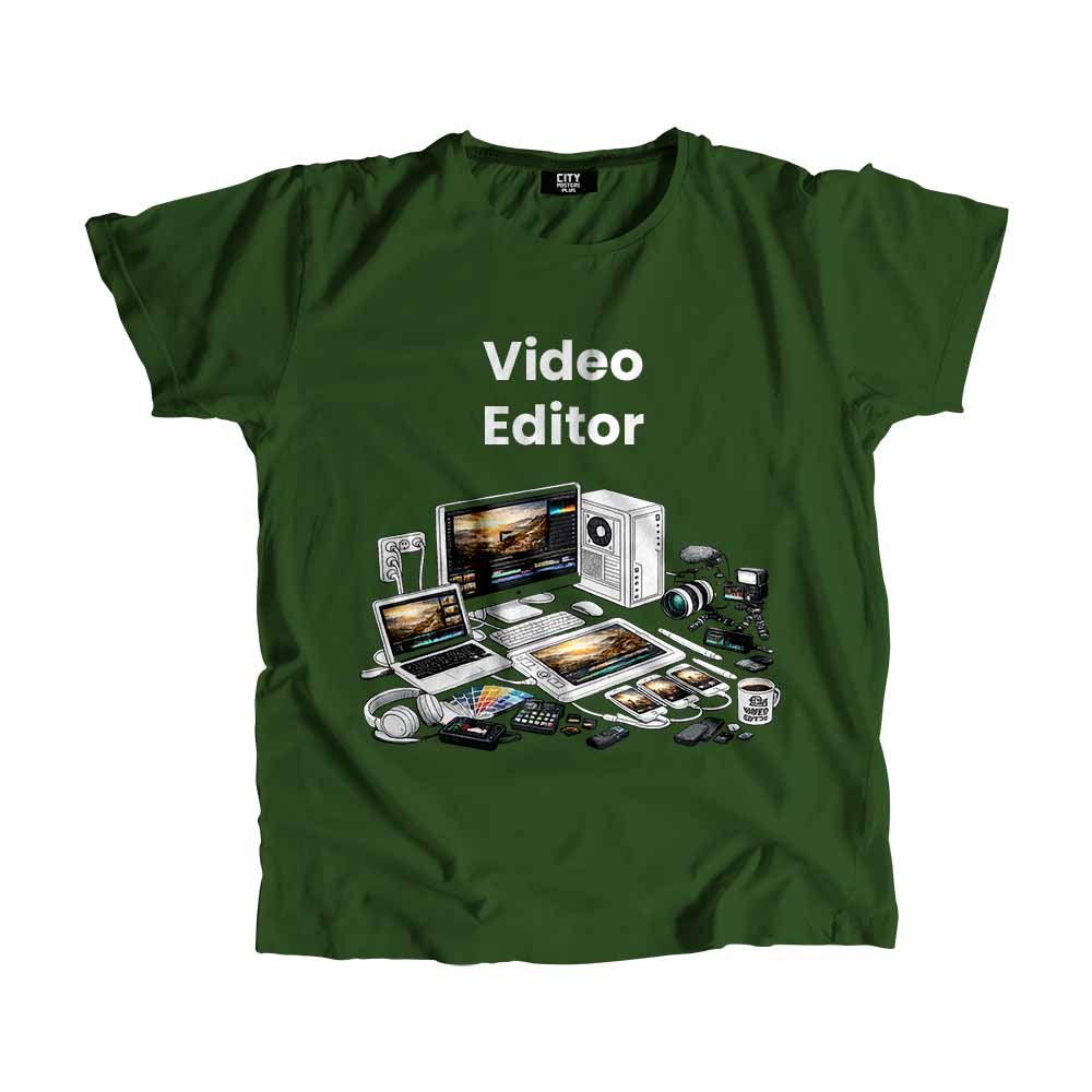 Video Editor Men Unisex T-Shirt (Olive Green) Technology Unisex T-Shirt | City Posters Plus