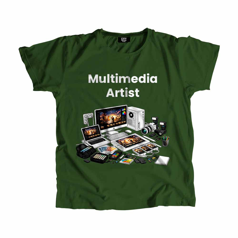 Multimedia Artist Men Unisex T-Shirt (Olive Green) Technology Unisex T-Shirt | City Posters Plus