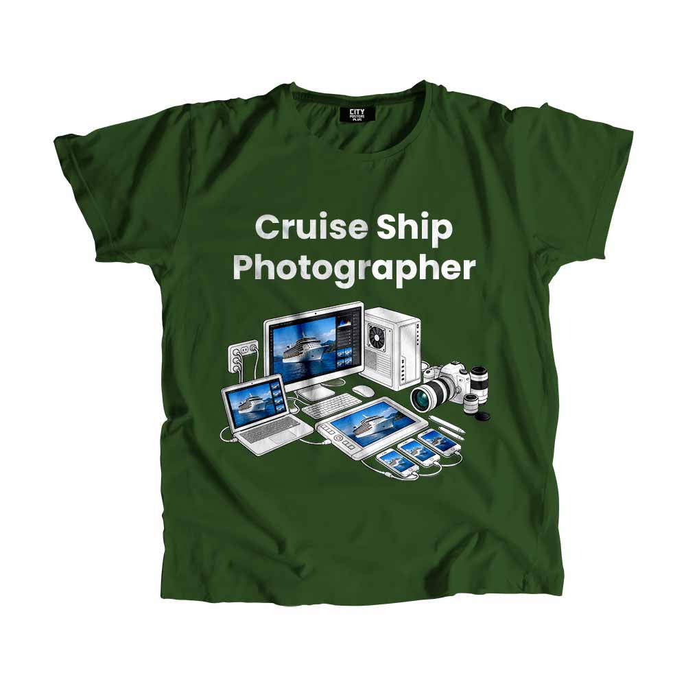 Cruise Ship Photographer Men Unisex T-Shirt (Olive Green) Technology Unisex T-Shirt | City Posters Plus