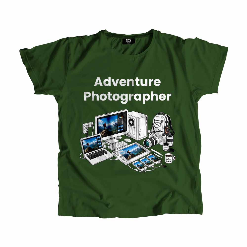 Adventure Photographer Men Unisex T-Shirt (Olive Green) Technology Unisex T-Shirt | City Posters Plus