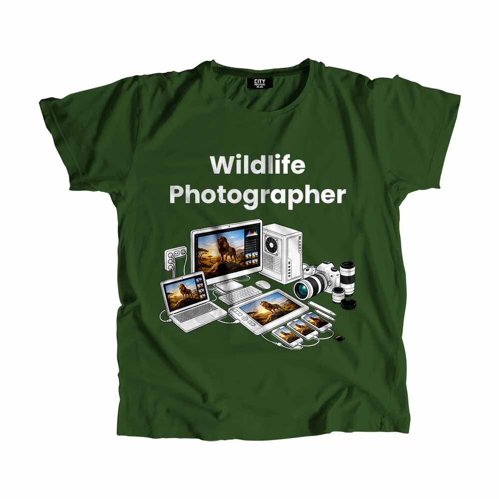 Wildlife Photographer Men Unisex T-Shirt (Olive Green) Technology Unisex T-Shirt | City Posters Plus