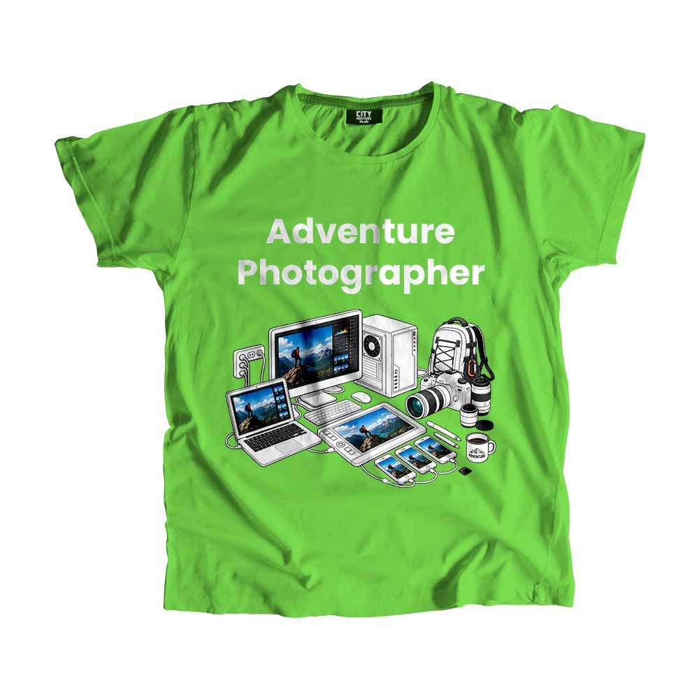 Adventure Photographer Men Unisex T-Shirt (Liril Green) Technology Unisex T-Shirt | City Posters Plus