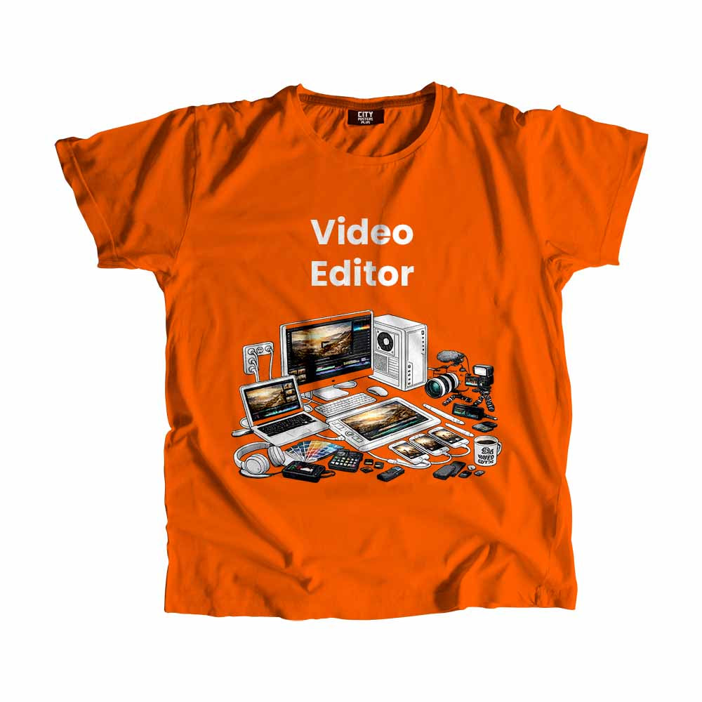 Video Editor Men Unisex T-Shirt (Orange) Technology Unisex T-Shirt | City Posters Plus