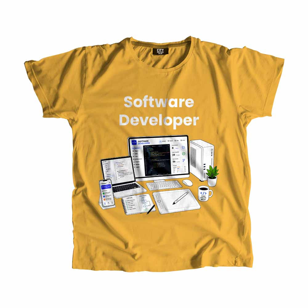 Software Developer Men Unisex T-Shirt (Golden Yellow) Technology Unisex T-Shirt | City Posters Plus