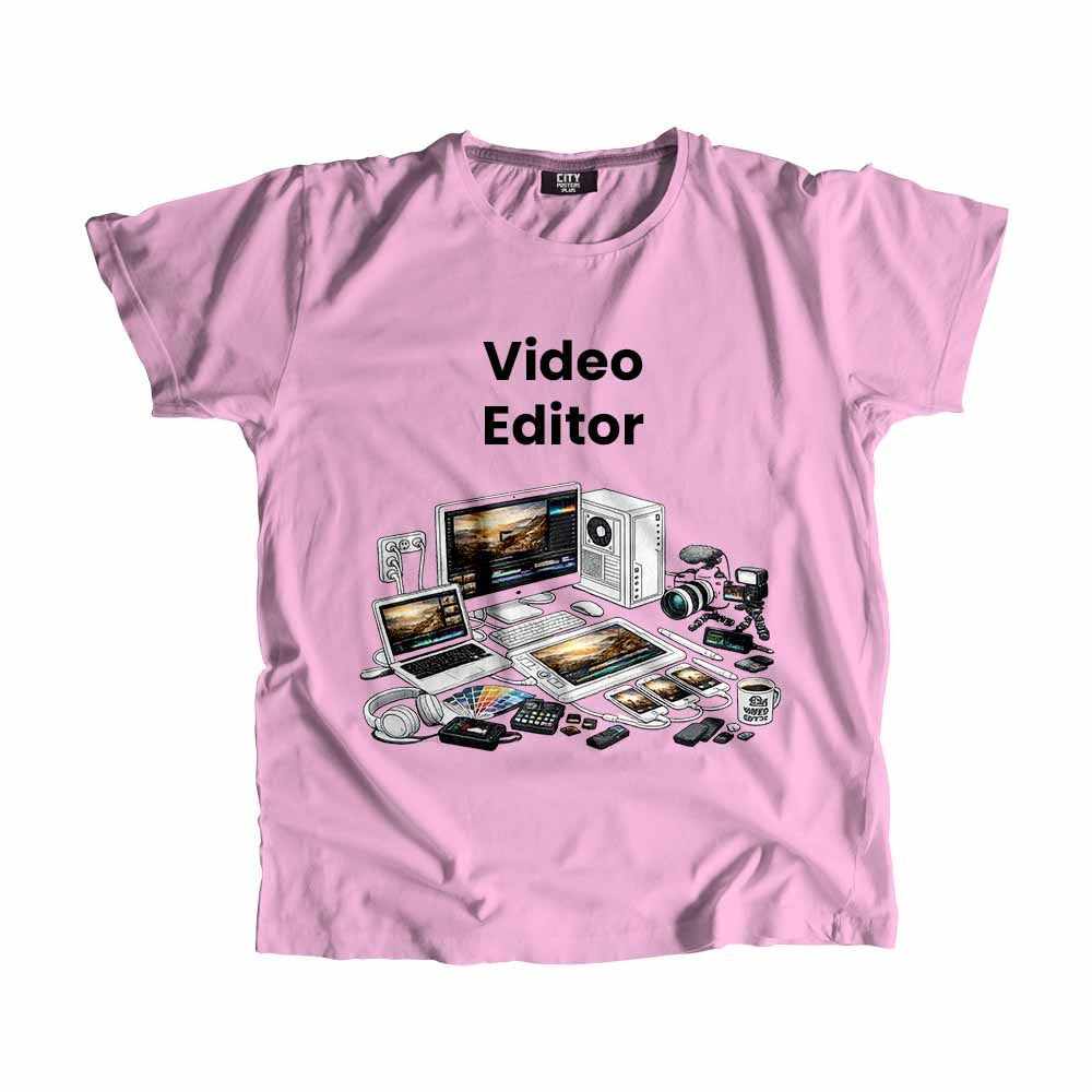 Video Editor Men Unisex T-Shirt (Light Pink) Technology Unisex T-Shirt | City Posters Plus