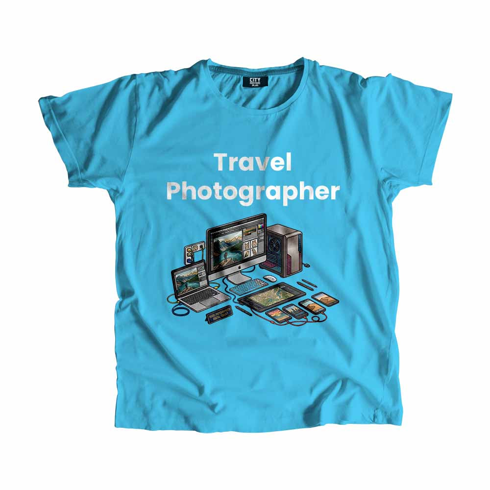 Travel Photographer Men Unisex T-Shirt (Sky Blue) Technology Unisex T-Shirt | City Posters Plus
