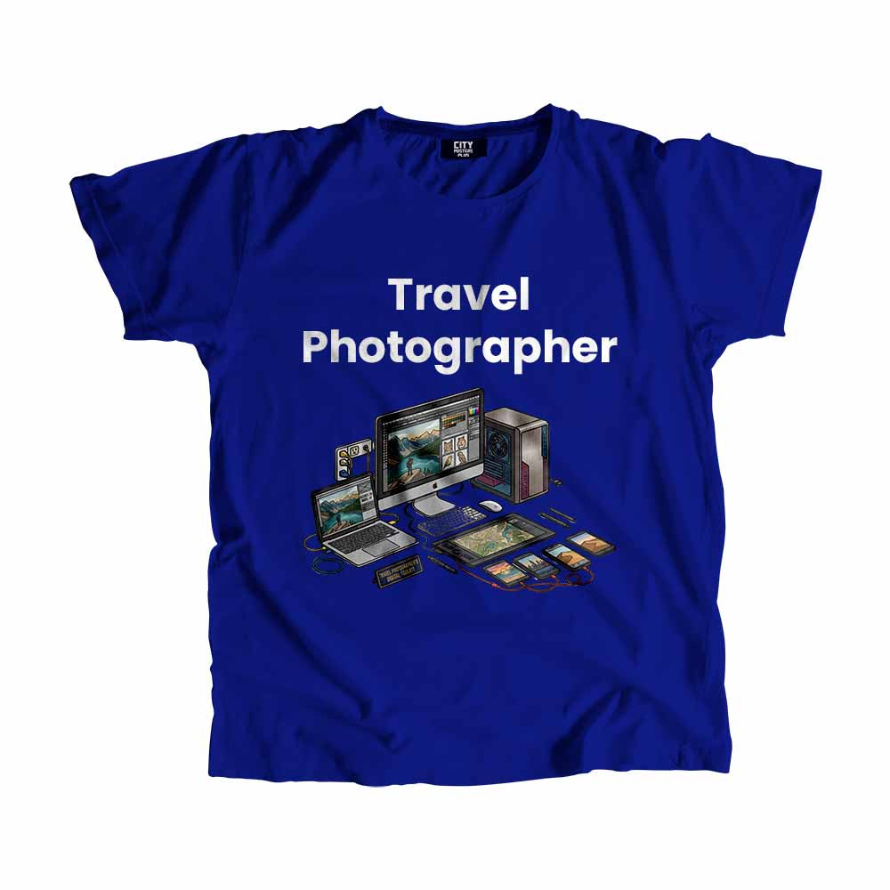Travel Photographer Men Unisex T-Shirt (Royal Blue) Technology Unisex T-Shirt | City Posters Plus