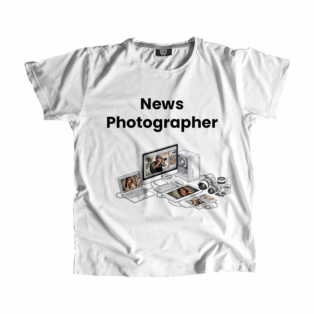 News Photographer Men Unisex T-Shirt (White) Technology Unisex T-Shirt | City Posters Plus