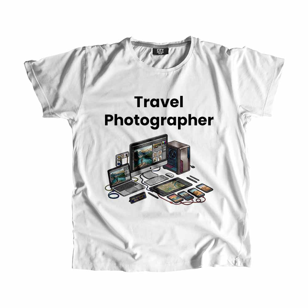 Travel Photographer Men Unisex T-Shirt (White) Technology Unisex T-Shirt | City Posters Plus