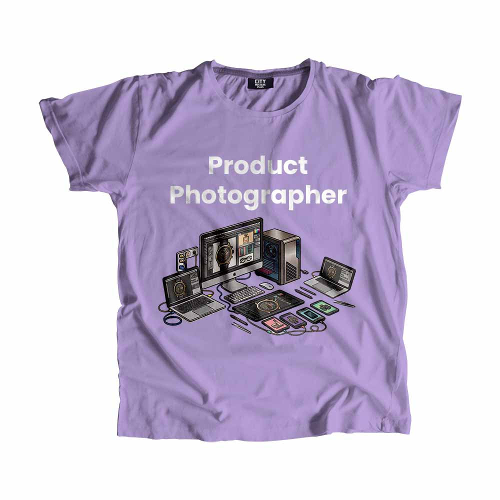 Product Photographer Men Unisex T-Shirt (Iris Lavender) Technology Unisex T-Shirt | City Posters Plus