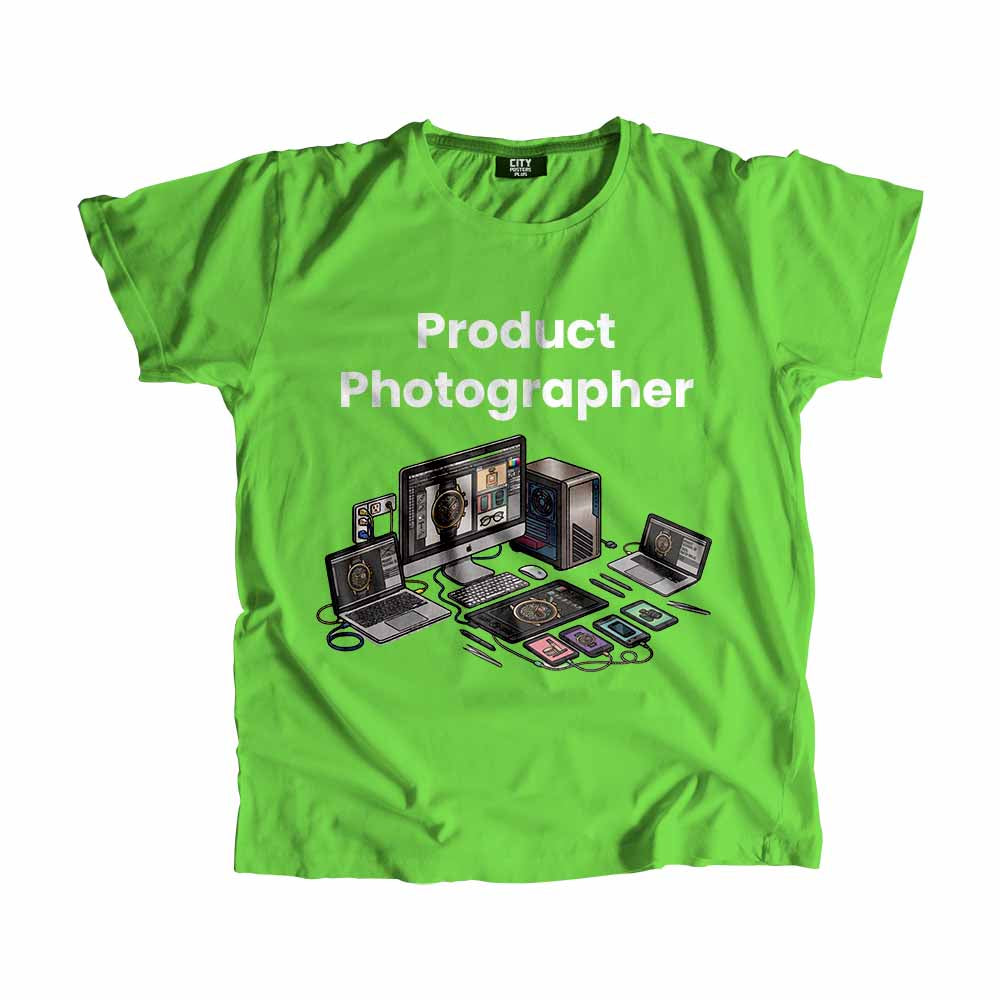 Product Photographer Men Unisex T-Shirt (Liril Green) Technology Unisex T-Shirt | City Posters Plus