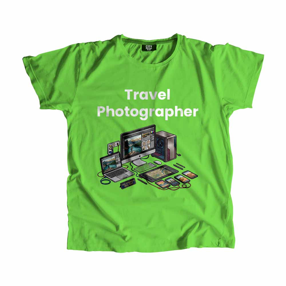 Travel Photographer Men Unisex T-Shirt (Liril Green) Technology Unisex T-Shirt | City Posters Plus
