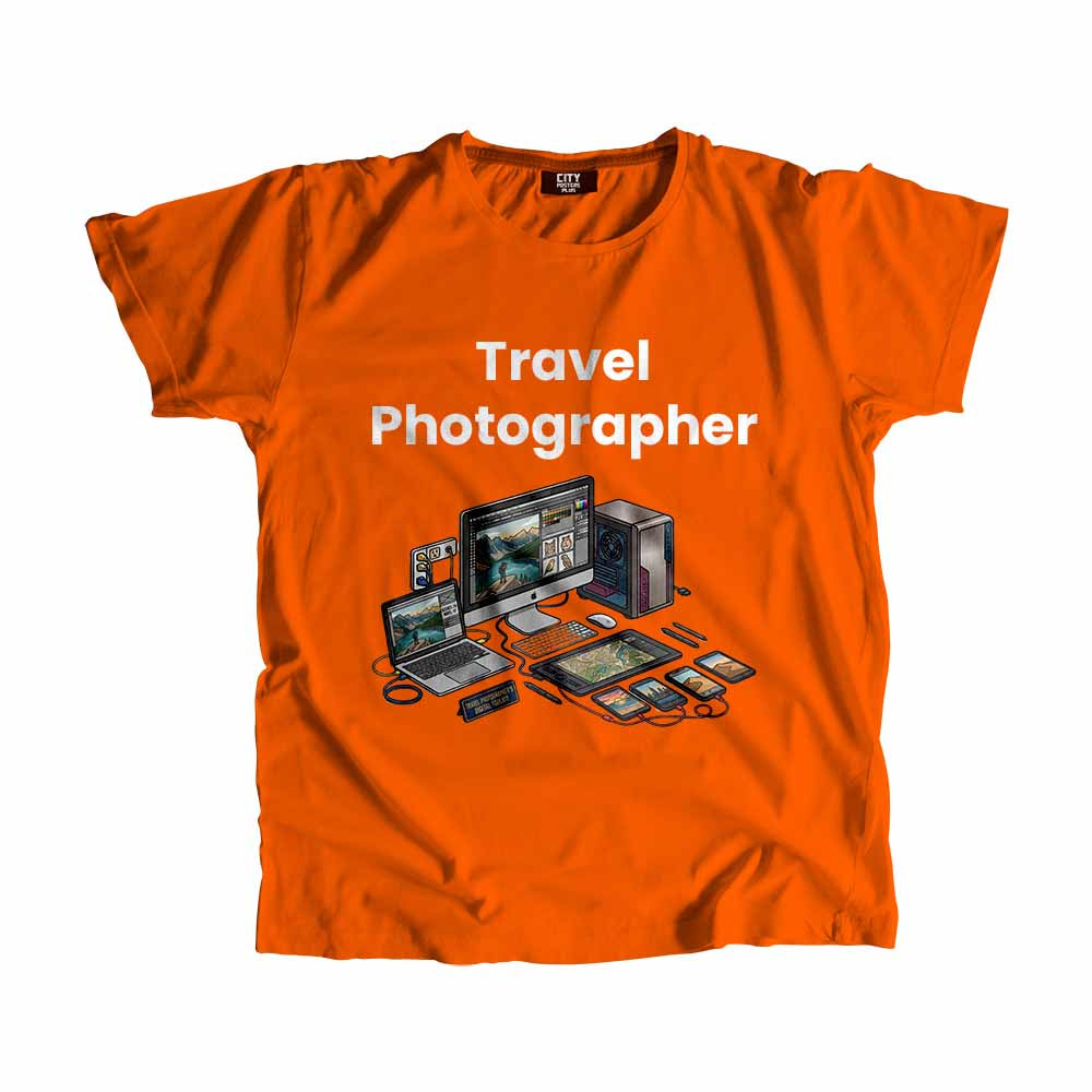 Travel Photographer Men Unisex T-Shirt (Orange) Technology Unisex T-Shirt | City Posters Plus