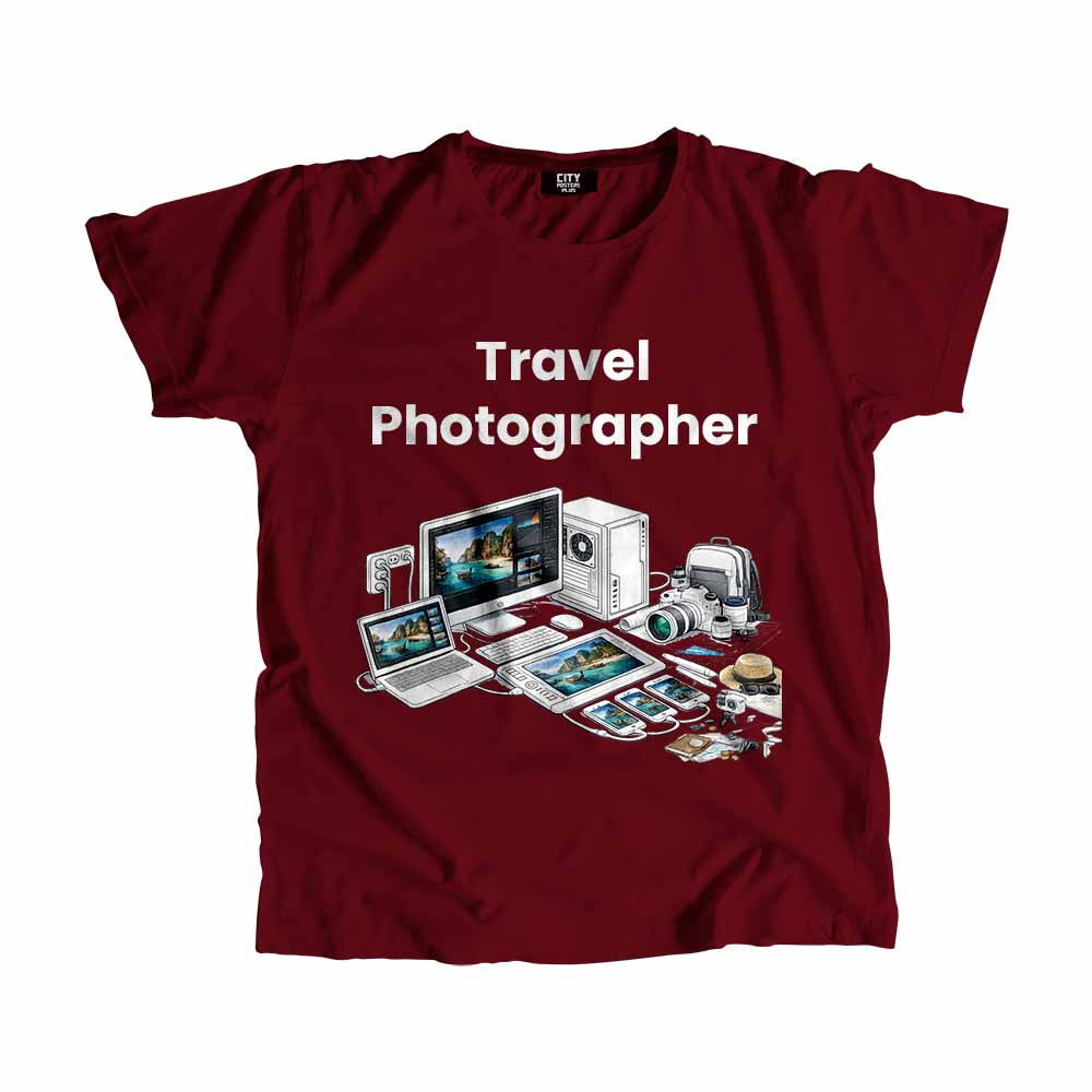 Travel Photographer Men Unisex T-Shirt (Maroon) Technology Unisex T-Shirt | City Posters Plus