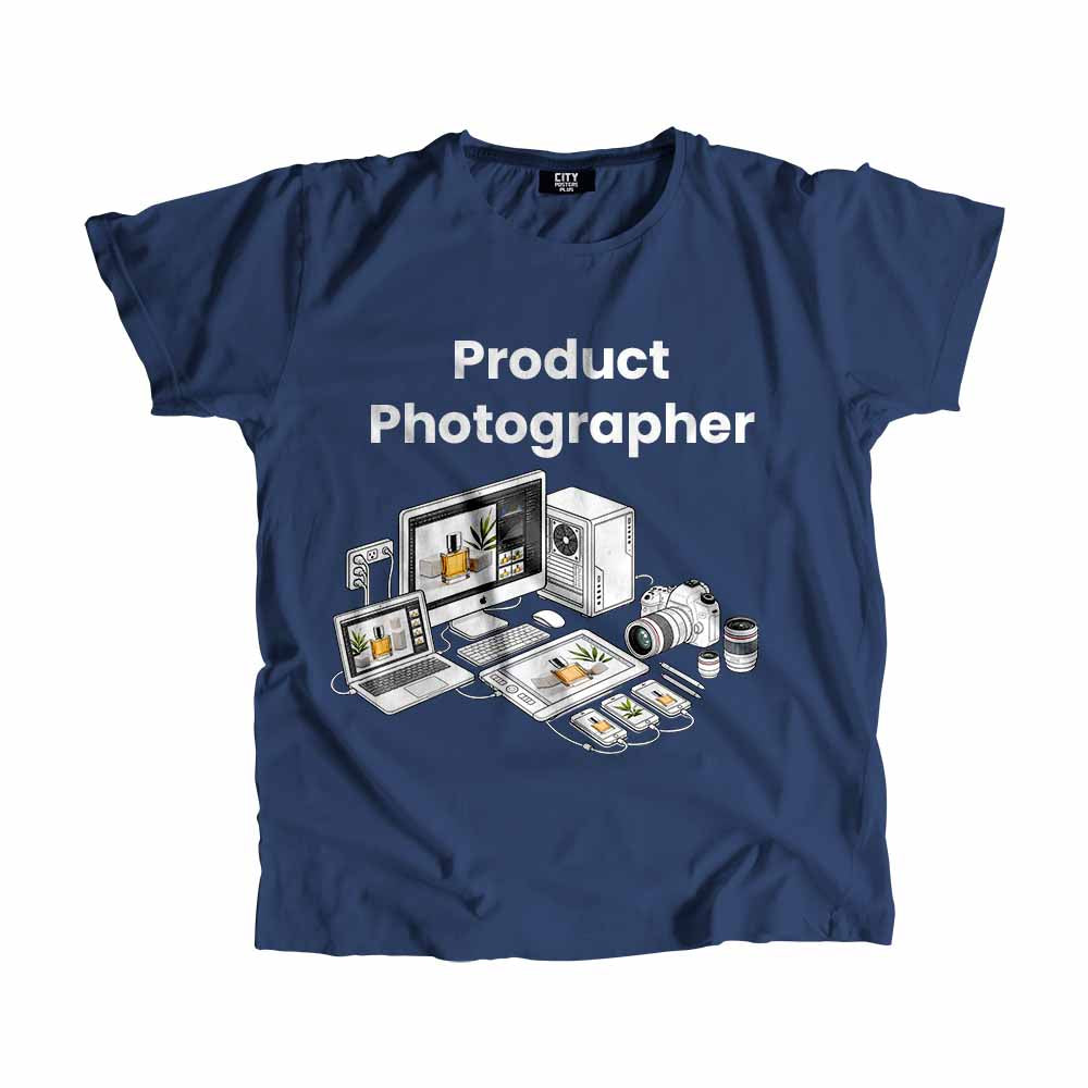 Product Photographer Men Unisex T-Shirt (Navy Blue) Technology Unisex T-Shirt | City Posters Plus