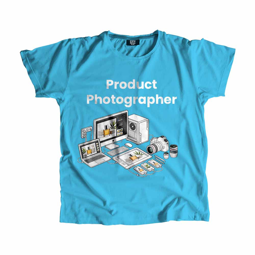 Product Photographer Men Unisex T-Shirt (Sky Blue) Technology Unisex T-Shirt | City Posters Plus