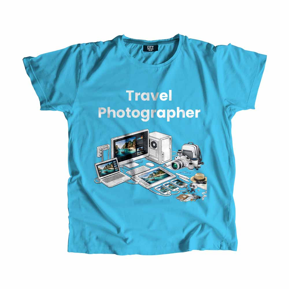 Travel Photographer Men Unisex T-Shirt (Sky Blue) Technology Unisex T-Shirt | City Posters Plus