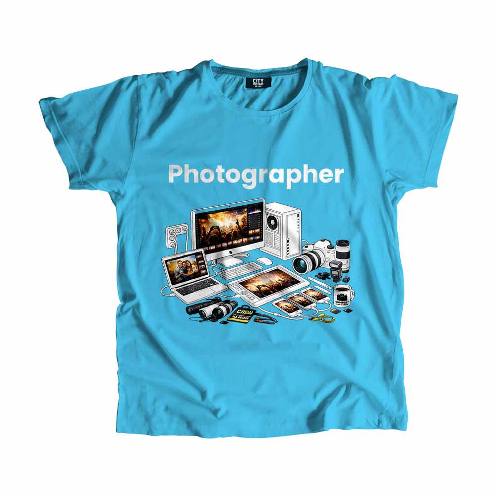 Photographer Men Unisex T-Shirt (Sky Blue) Technology Unisex T-Shirt | City Posters Plus