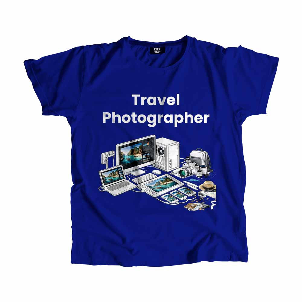Travel Photographer Men Unisex T-Shirt (Royal Blue) Technology Unisex T-Shirt | City Posters Plus