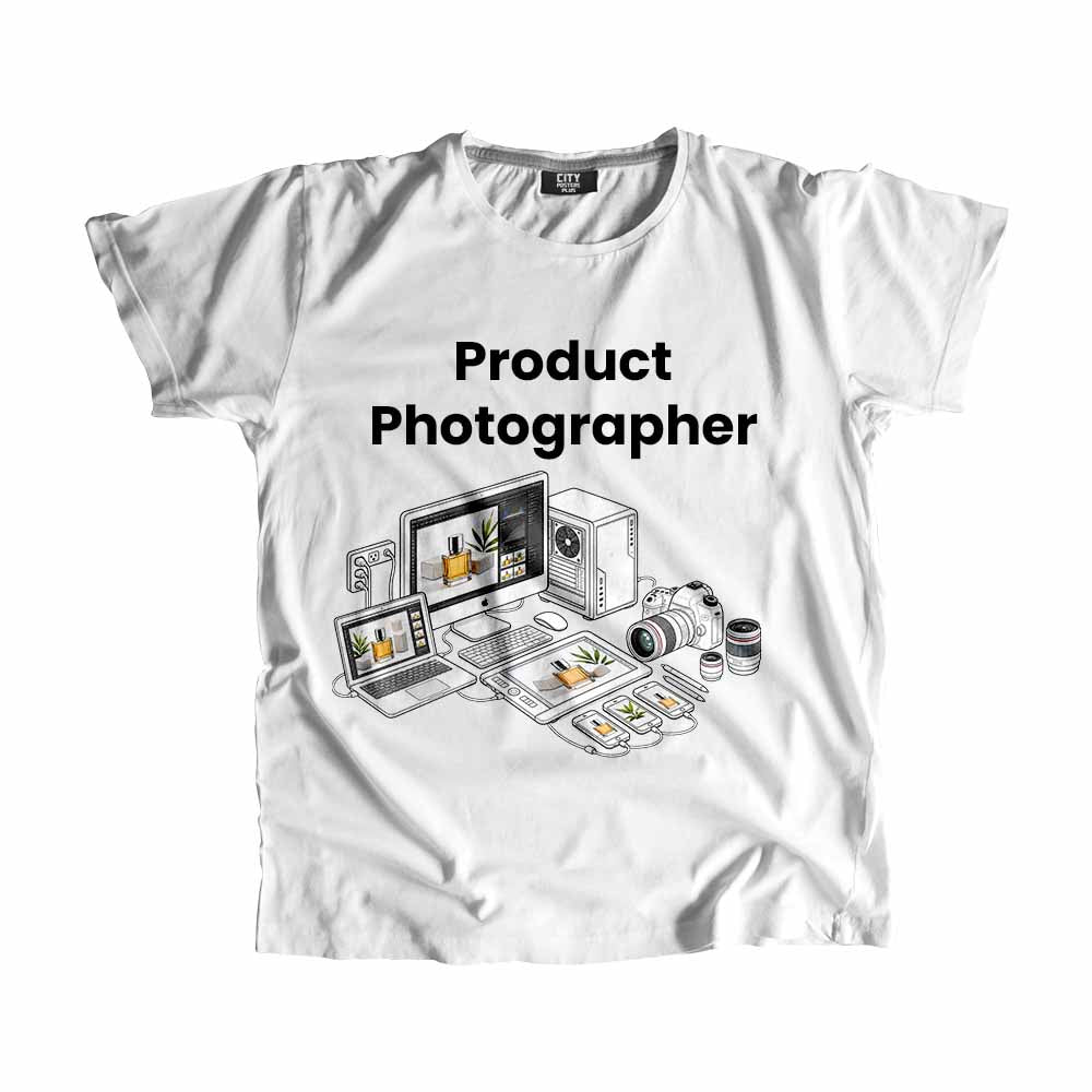 Product Photographer Men Unisex T-Shirt (White) Technology Unisex T-Shirt | City Posters Plus