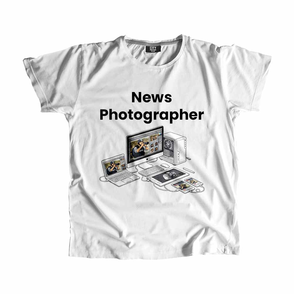 News Photographer Men Unisex T-Shirt (White) Technology Unisex T-Shirt | City Posters Plus