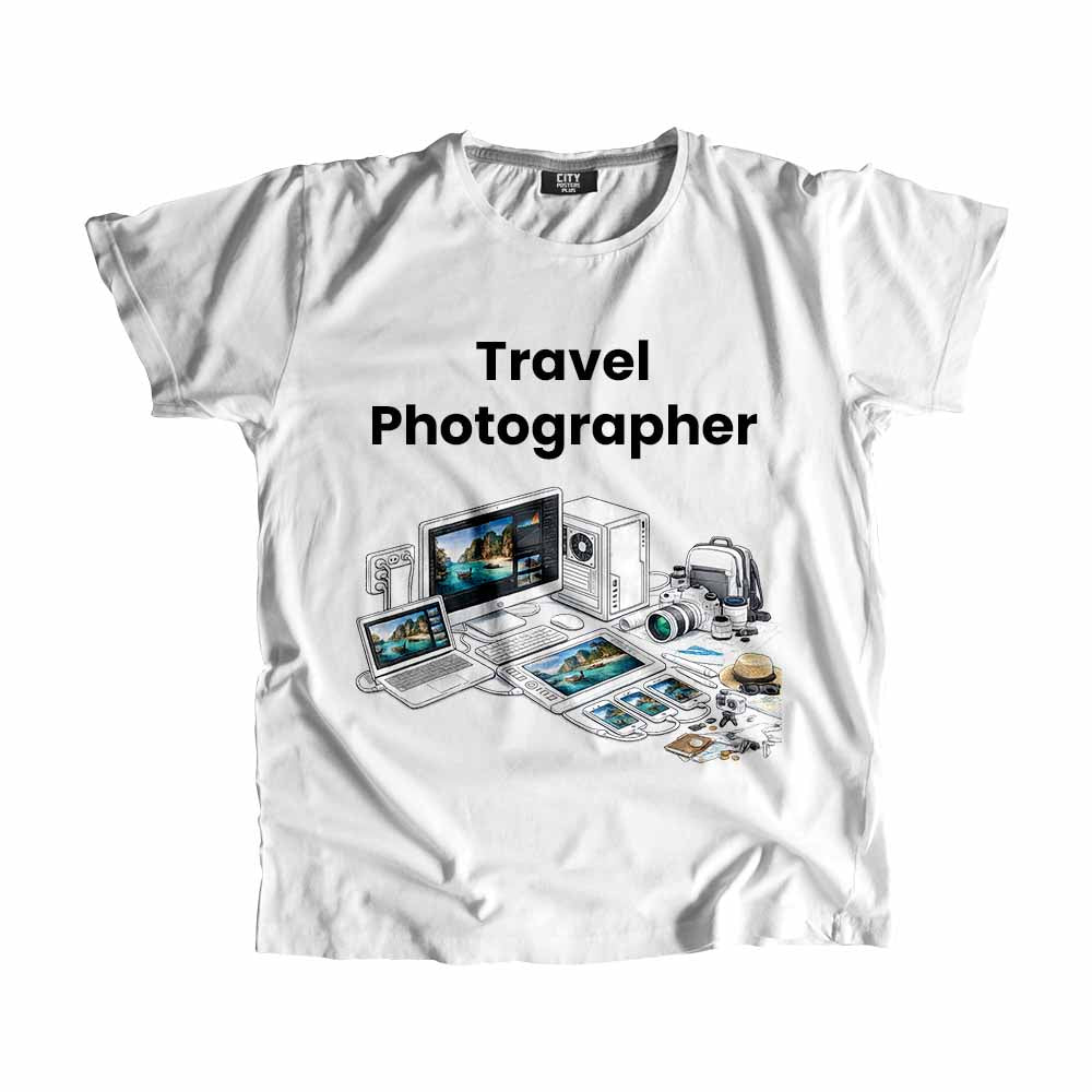 Travel Photographer Men Unisex T-Shirt (White) Technology Unisex T-Shirt | City Posters Plus