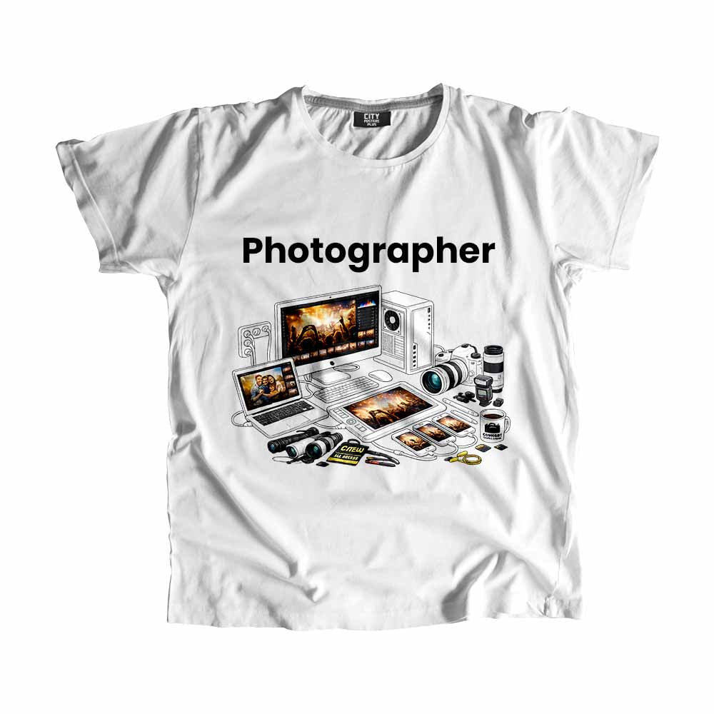Photographer Men Unisex T-Shirt (White) Technology Unisex T-Shirt | City Posters Plus