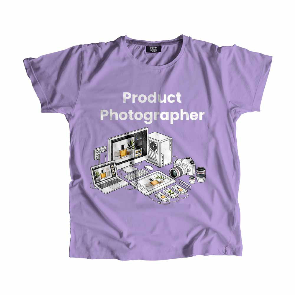 Product Photographer Men Unisex T-Shirt (Iris Lavender) Technology Unisex T-Shirt | City Posters Plus