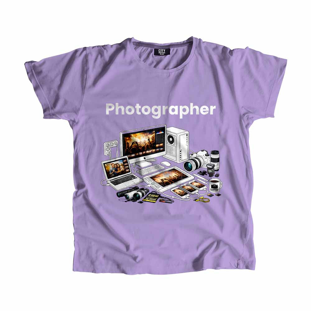 Photographer Men Unisex T-Shirt (Iris Lavender) Technology Unisex T-Shirt | City Posters Plus
