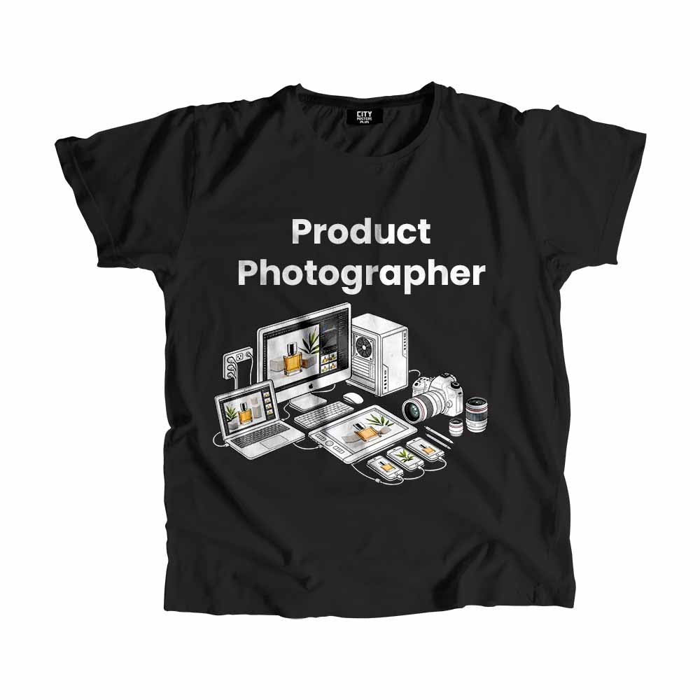 Product Photographer Men Unisex T-Shirt (Black) Technology Unisex T-Shirt | City Posters Plus