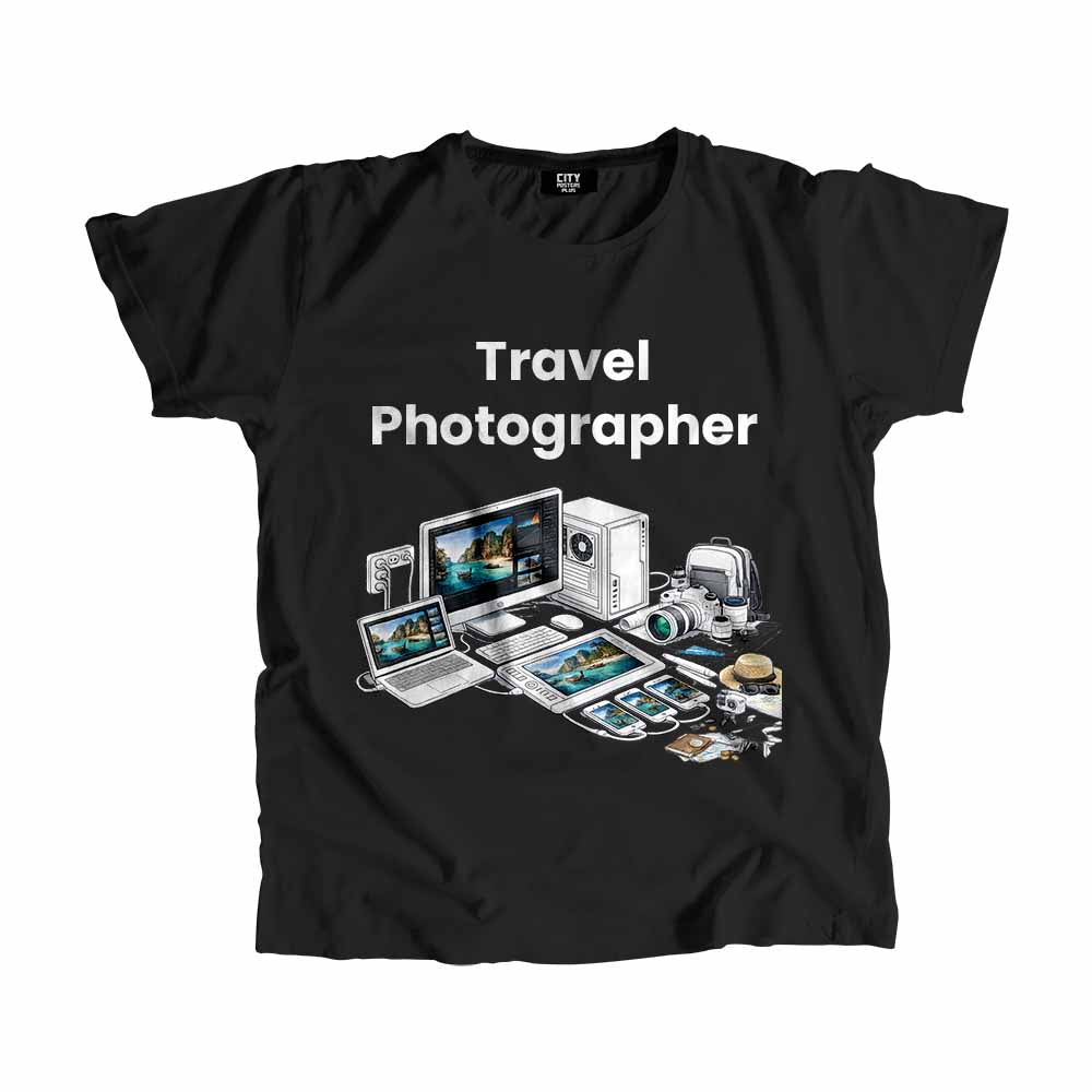 Travel Photographer Men Unisex T-Shirt (Black) Technology Unisex T-Shirt | City Posters Plus