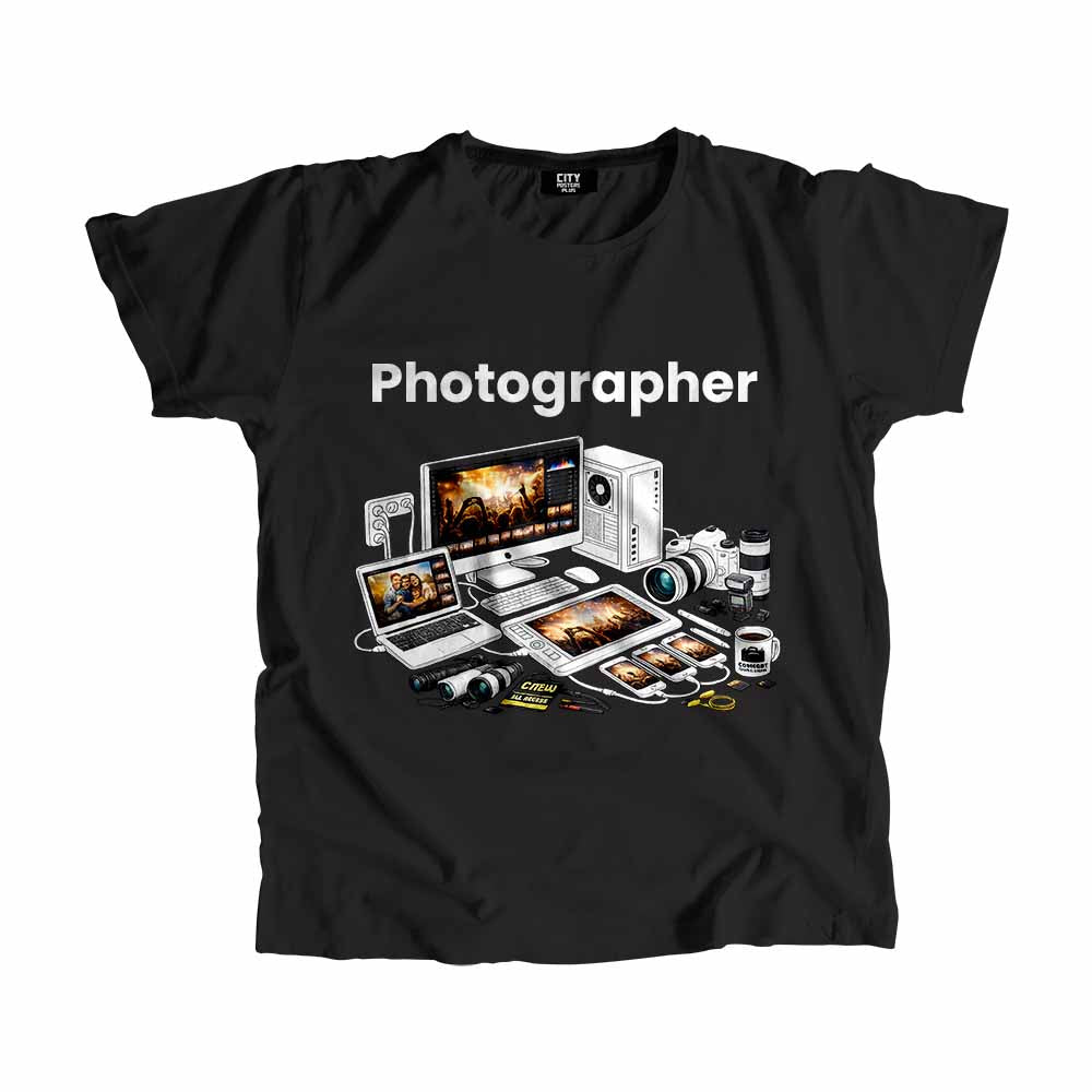 Photographer Men Unisex T-Shirt (Black) Technology Unisex T-Shirt | City Posters Plus