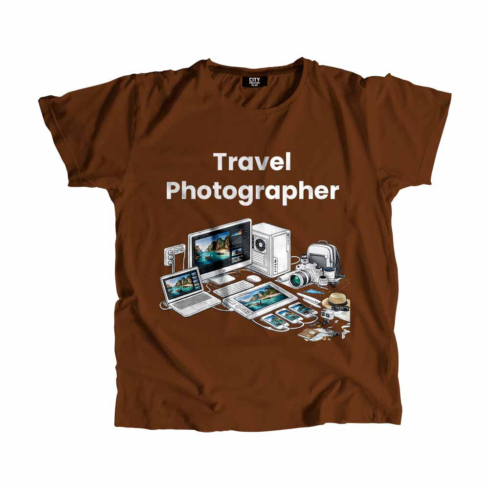 Travel Photographer Men Unisex T-Shirt (Brown) Technology Unisex T-Shirt | City Posters Plus