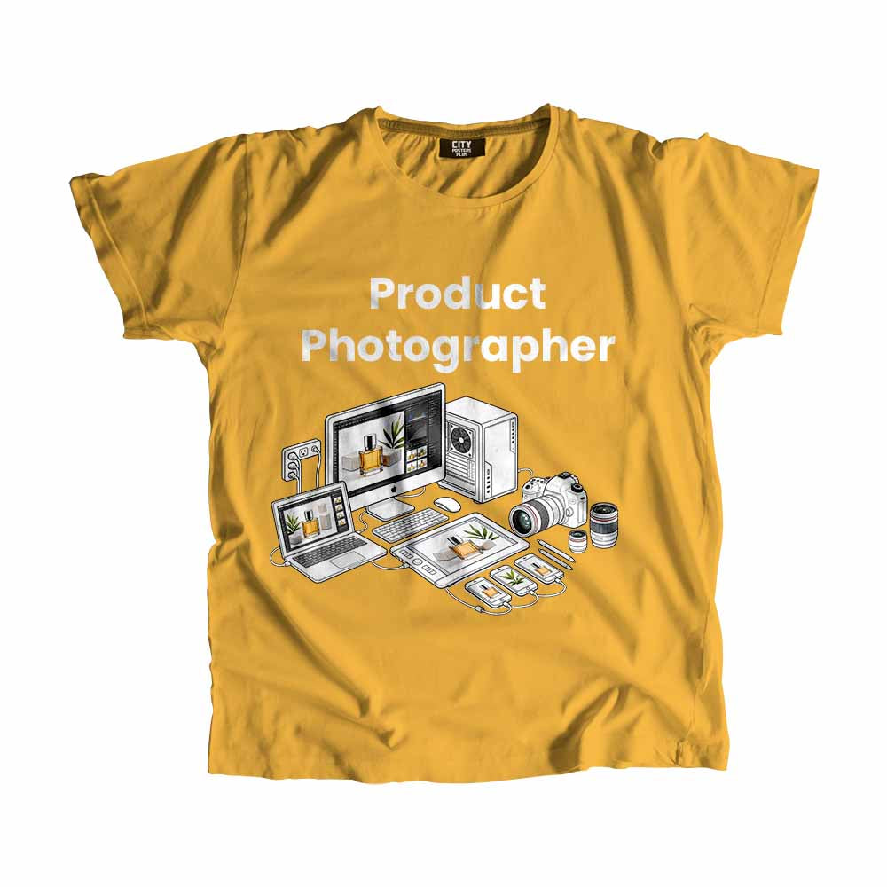 Product Photographer Men Unisex T-Shirt (Golden Yellow) Technology Unisex T-Shirt | City Posters Plus