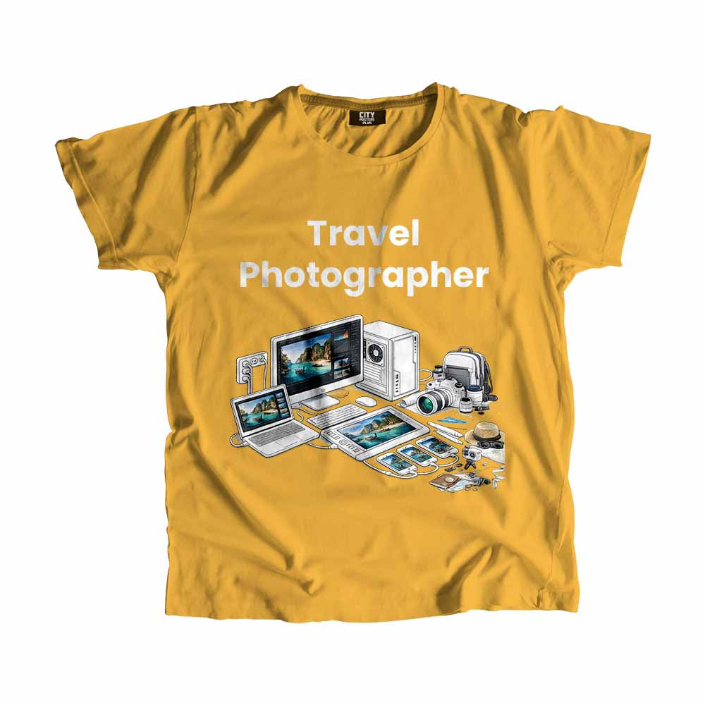 Travel Photographer Men Unisex T-Shirt (Golden Yellow) Technology Unisex T-Shirt | City Posters Plus