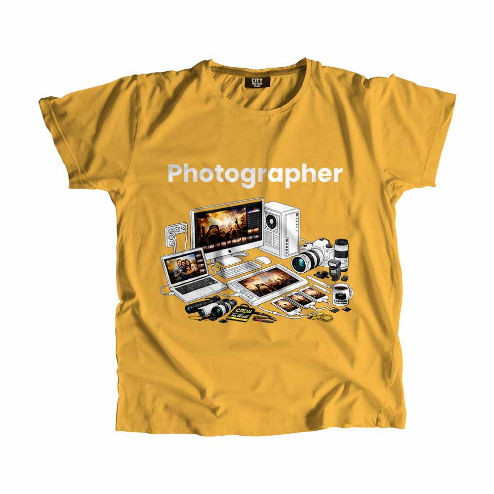 Photographer Men Unisex T-Shirt (Golden Yellow) Technology Unisex T-Shirt | City Posters Plus