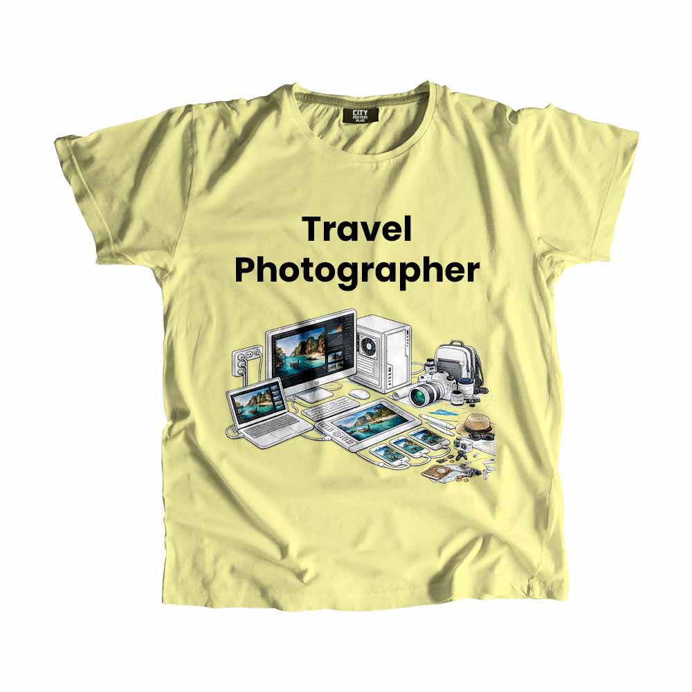 Travel Photographer Men Unisex T-Shirt (Butter Yellow) Technology Unisex T-Shirt | City Posters Plus