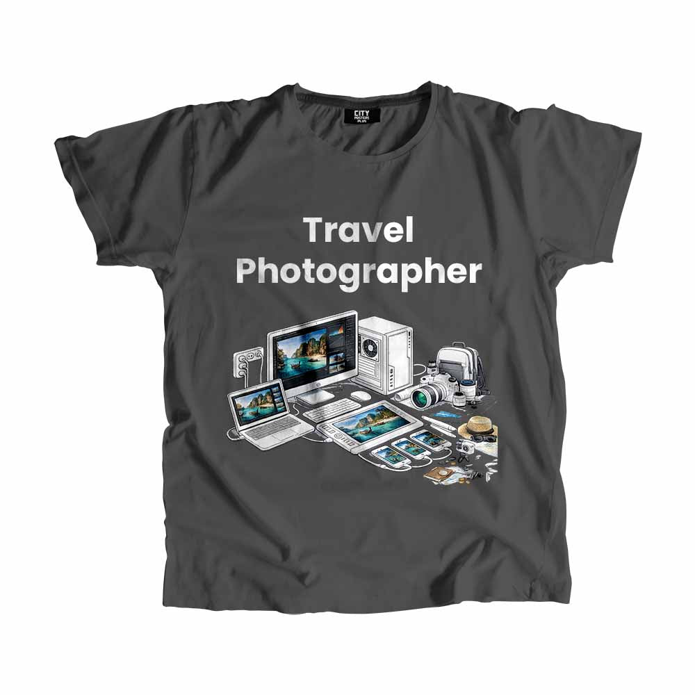 Travel Photographer Men Unisex T-Shirt (Charcoal Grey) Technology Unisex T-Shirt | City Posters Plus