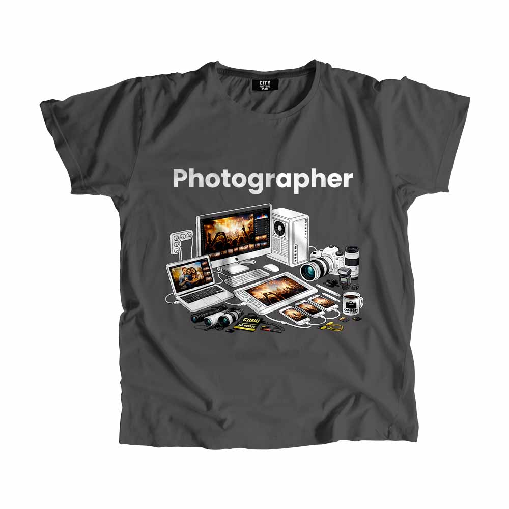 Photographer Men Unisex T-Shirt (Charcoal Grey) Technology Unisex T-Shirt | City Posters Plus