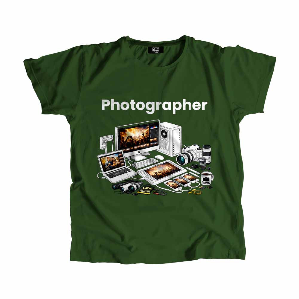 Photographer Men Unisex T-Shirt (Olive Green) Technology Unisex T-Shirt | City Posters Plus