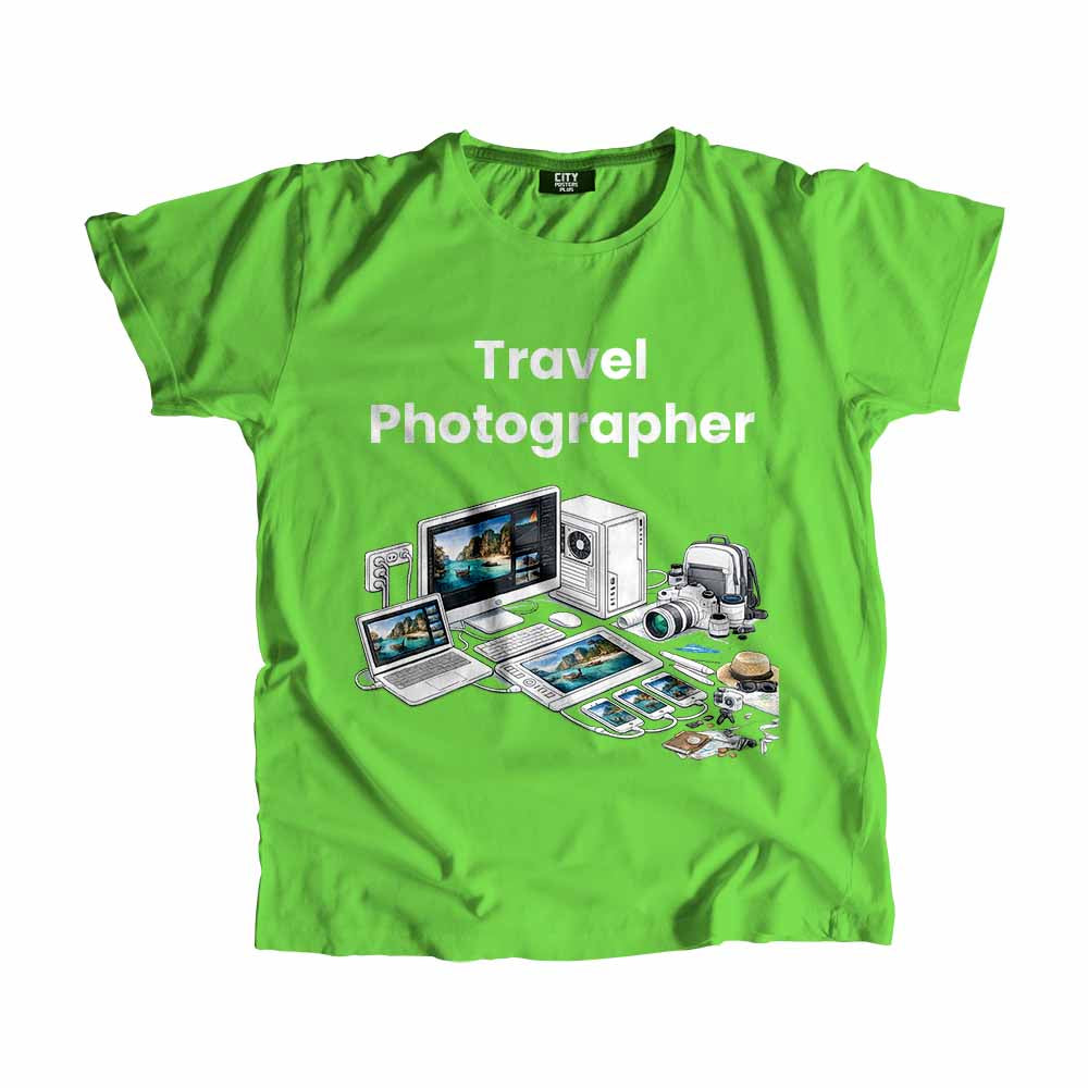 Travel Photographer Men Unisex T-Shirt (Liril Green) Technology Unisex T-Shirt | City Posters Plus