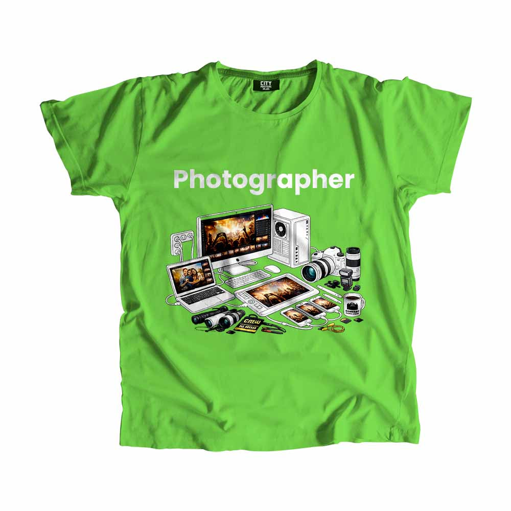 Photographer Men Unisex T-Shirt (Liril Green) Technology Unisex T-Shirt | City Posters Plus