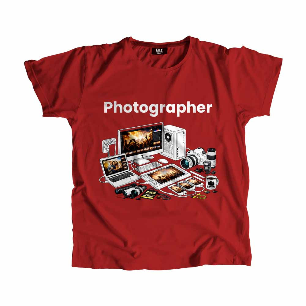 Photographer Men Unisex T-Shirt (Red) Technology Unisex T-Shirt | City Posters Plus
