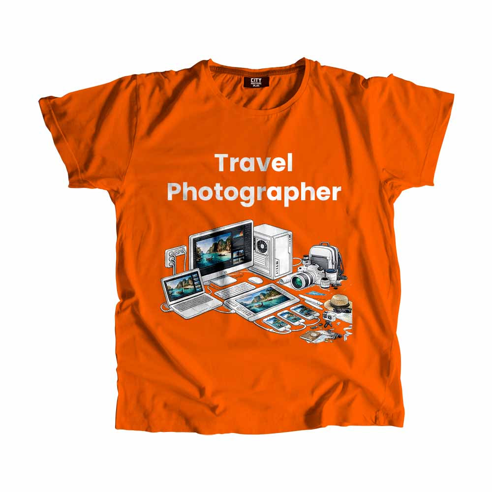Travel Photographer Men Unisex T-Shirt (Orange) Technology Unisex T-Shirt | City Posters Plus