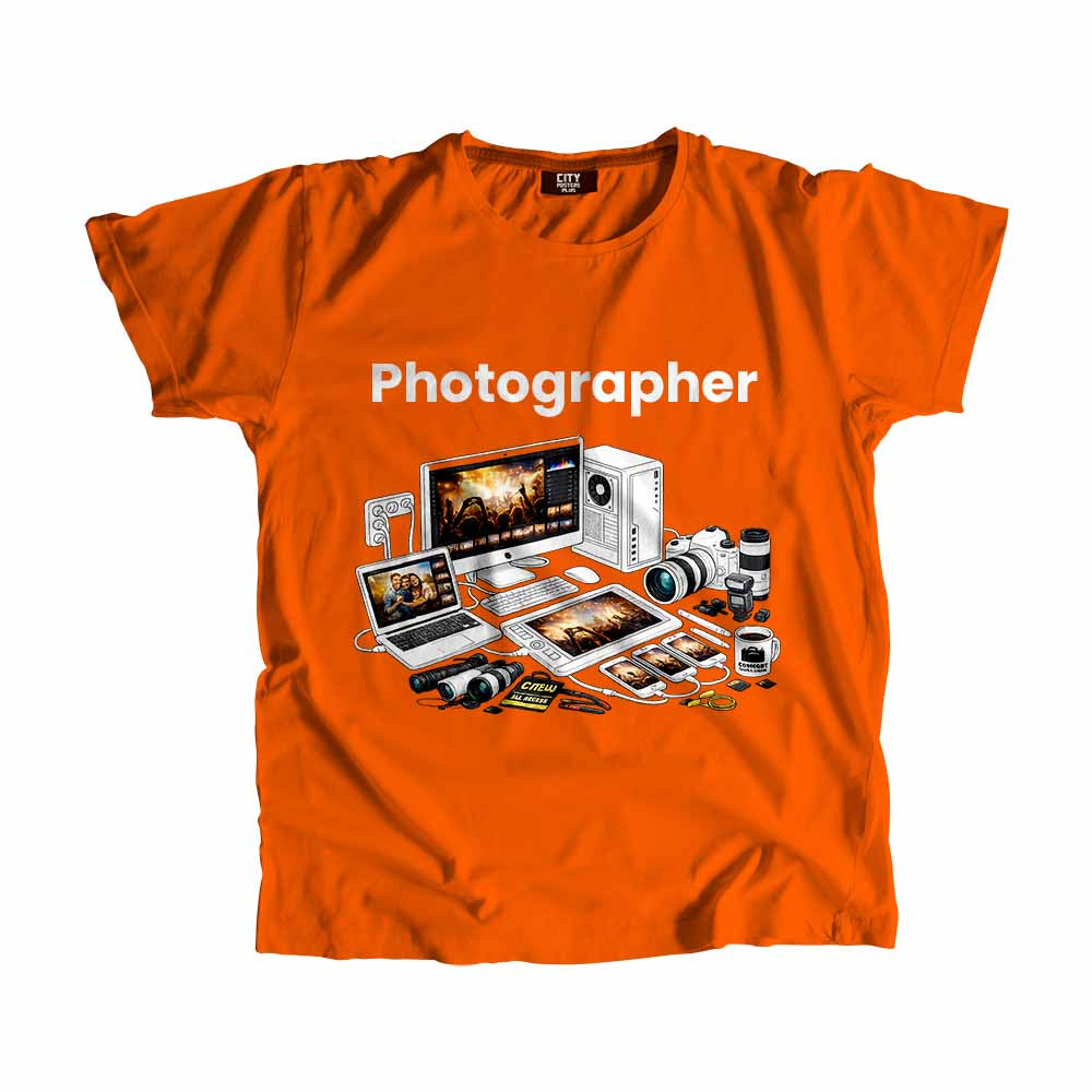 Photographer Men Unisex T-Shirt (Orange) Technology Unisex T-Shirt | City Posters Plus