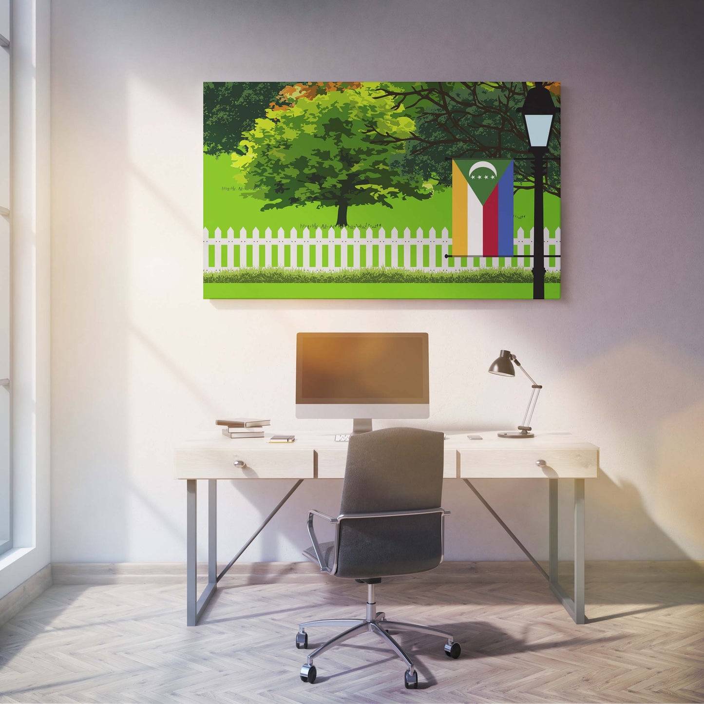 Comoros Trees Street Lamp Canvas Print Framed
