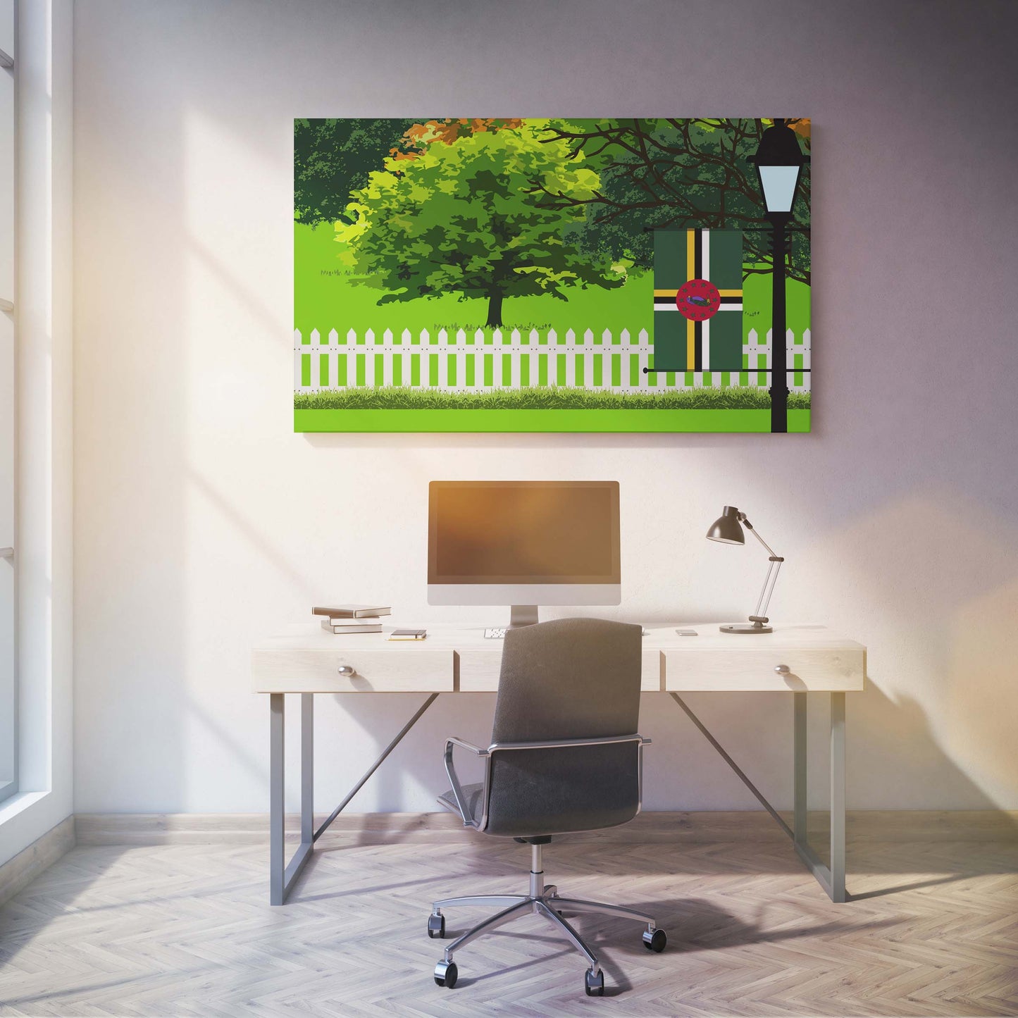 Dominica Trees Street Lamp Canvas Print Framed